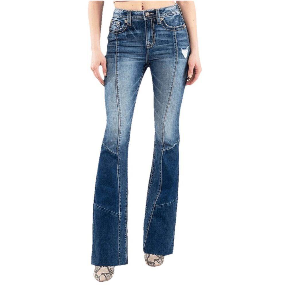 Y2K Vintage MISS ME High Rise Crystal Patchwork Flare Jeans Medium Wash Size 27